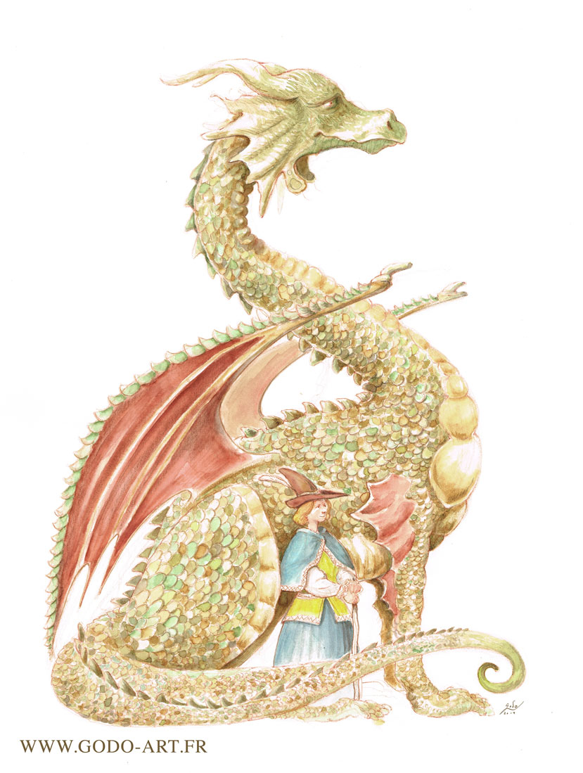 illustration de dragon  réalisée à l'encre aquarelle et au crayon. Illustration de Fantasy par Godo